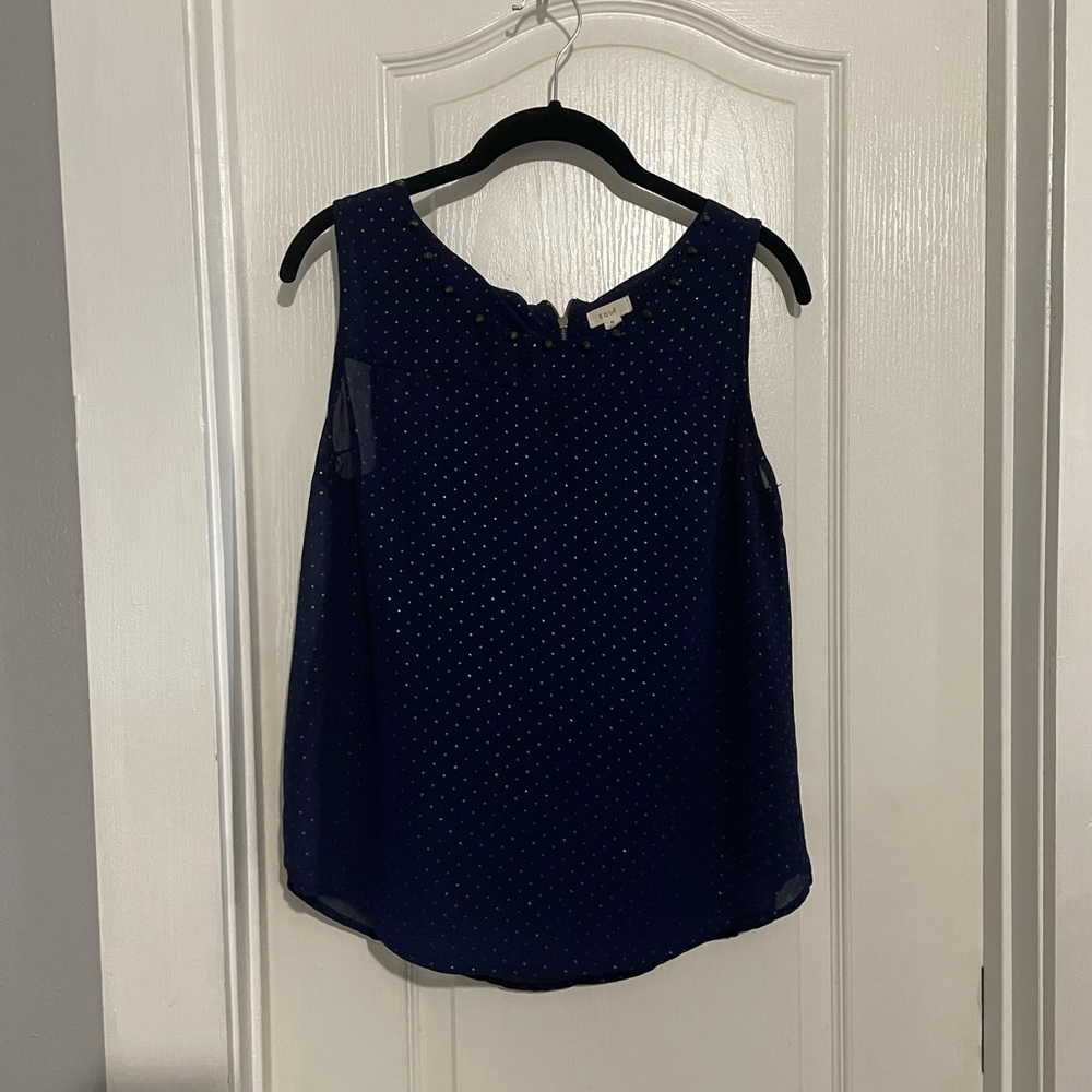 Edge- sheer blue polka dot tank top with studded neck